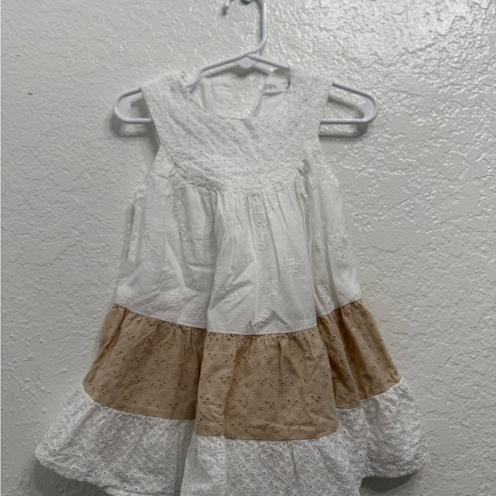 Zara White and Tan Pleated Tiered Sundress